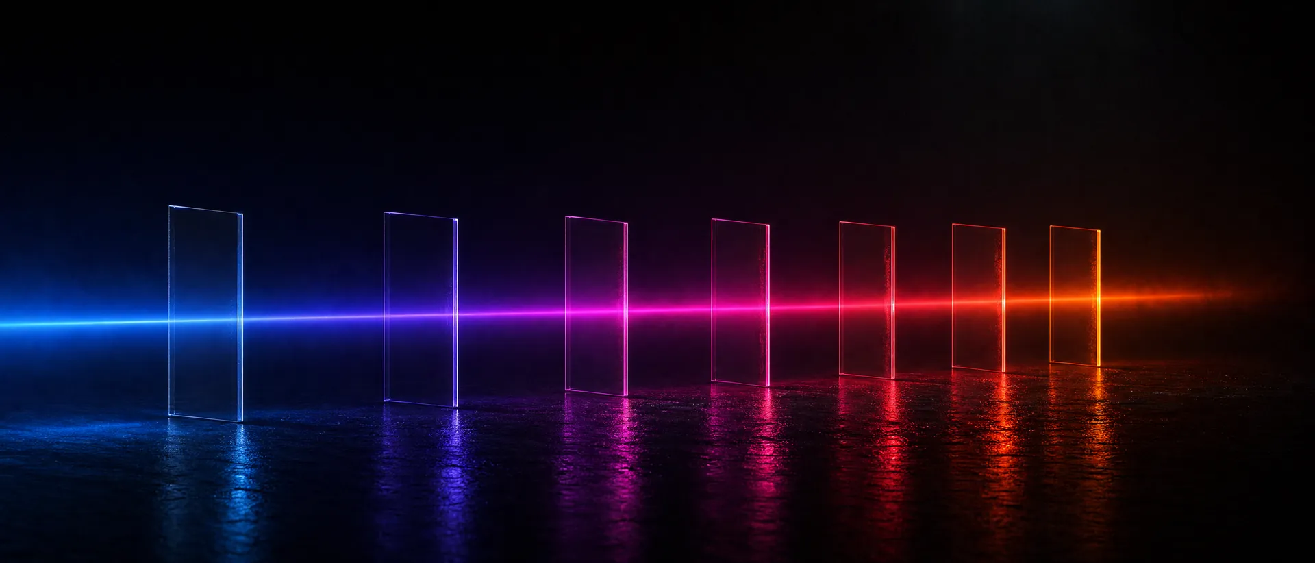 KI-generiertes Bild: Ein Lichtstrahl läuft durch sieben Glasplatten und wechselt dabei von Blau über Magenta zu Orange.